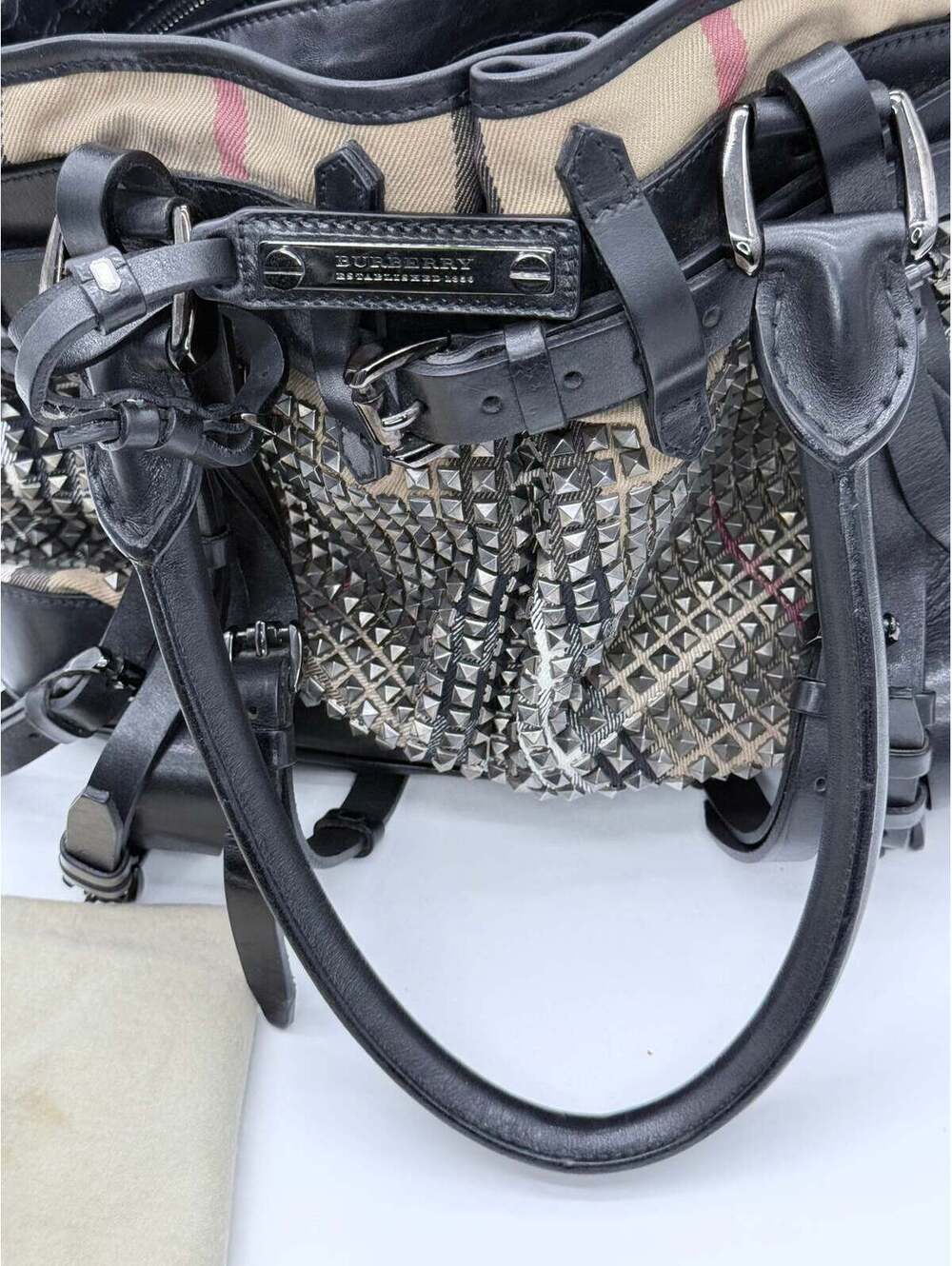 Burberry Prorsum Studded Nova Check Buckle Tote Bag – Black Leather & Canvas - Picture 5 of 8